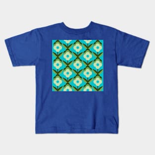 Blue Retro Funky Flowers Kids T-Shirt